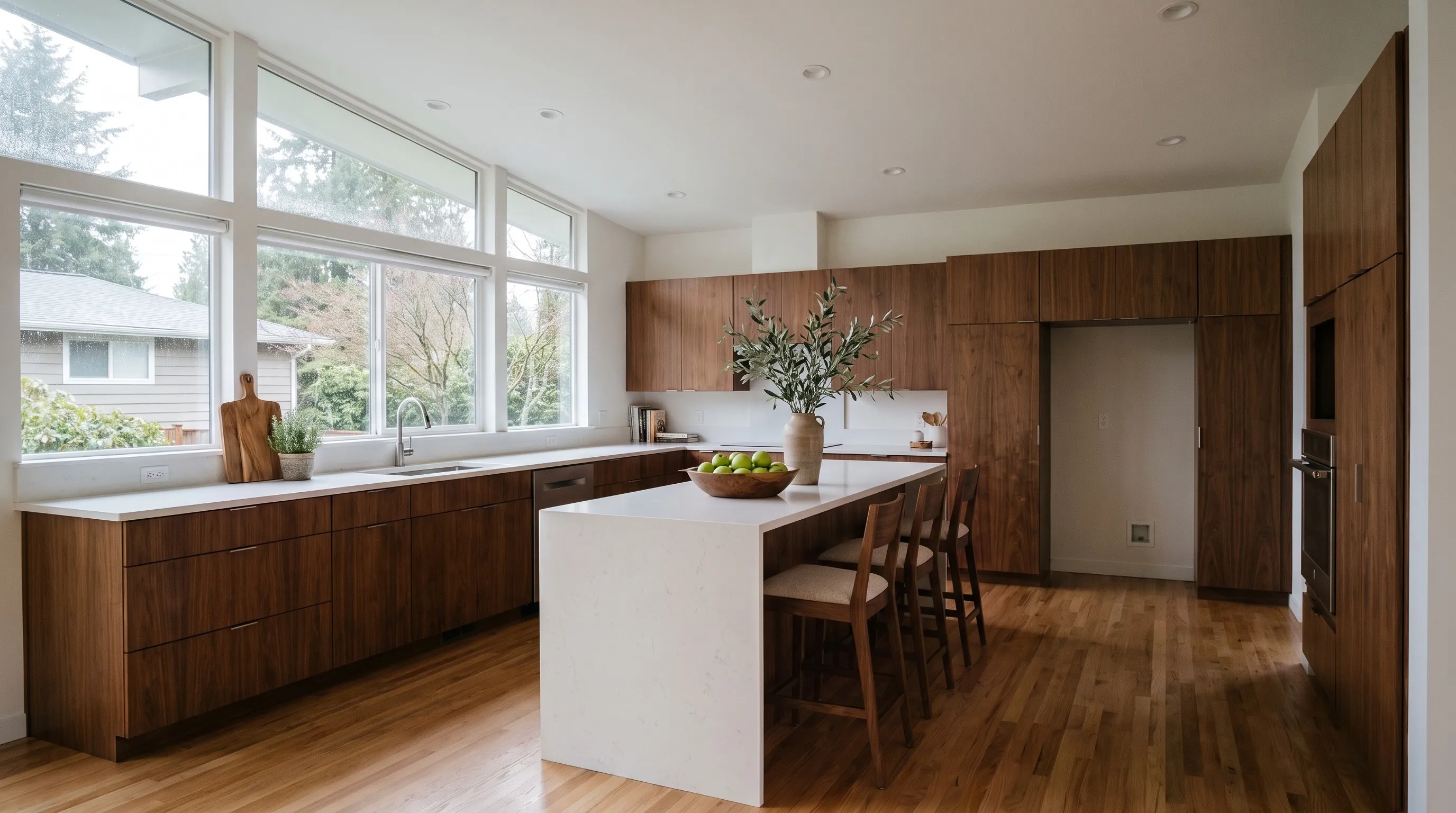 Mid-century kitchen with walnut cabinets and a white island, staged