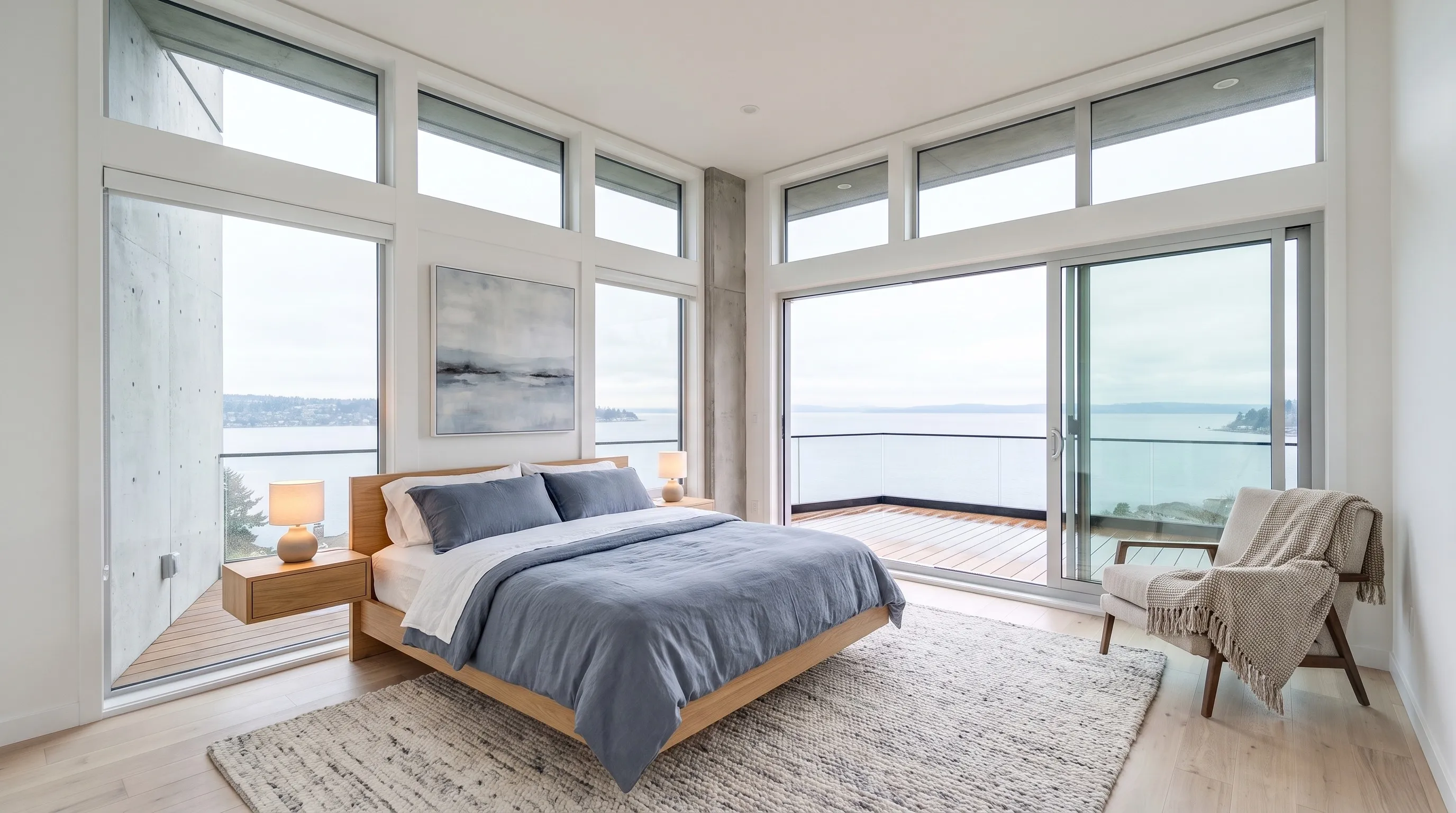 Bedroom with a wall of windows over Puget Sound, staged